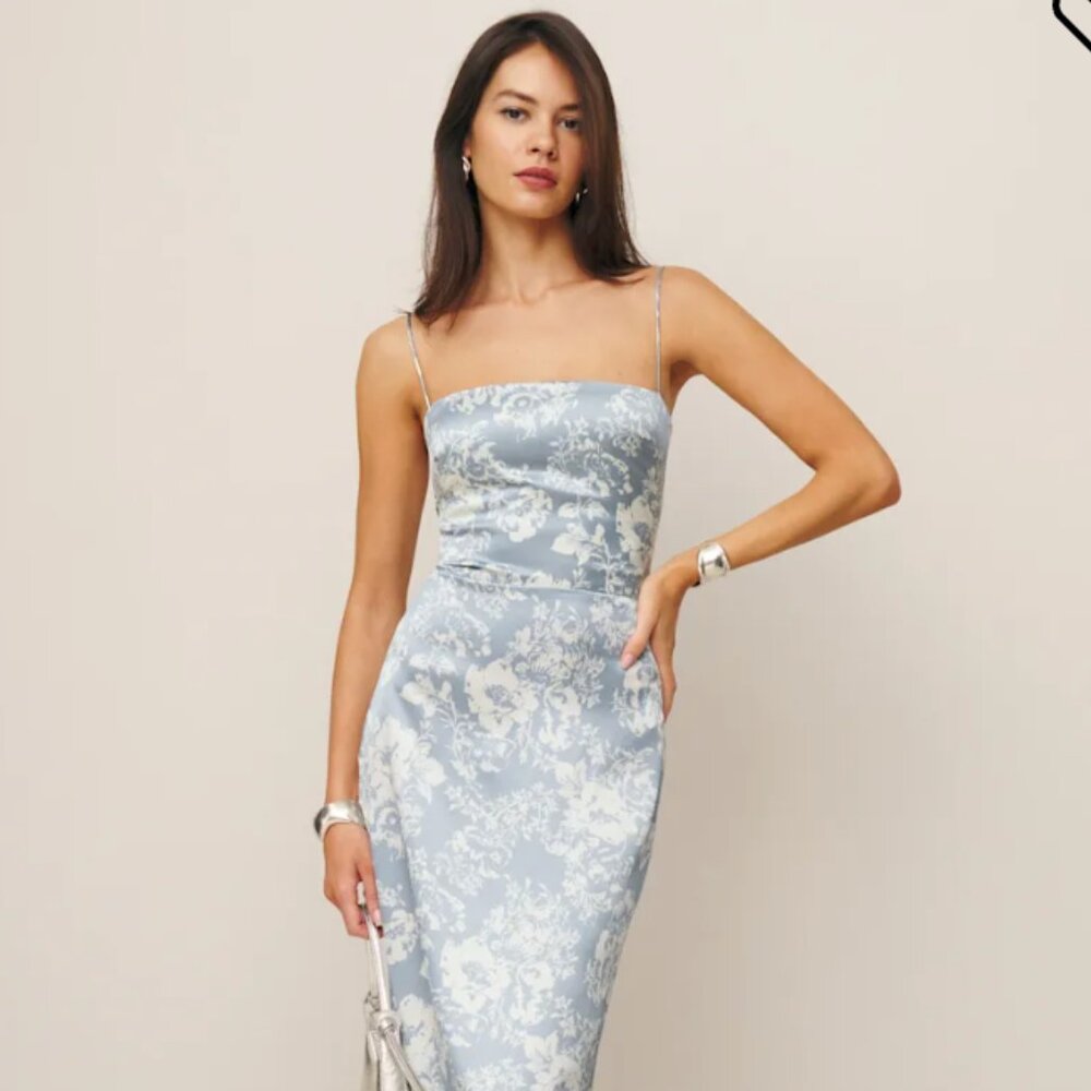 Reformation Frankie Silk Dress in Porcelain Blue Floral | Size 4